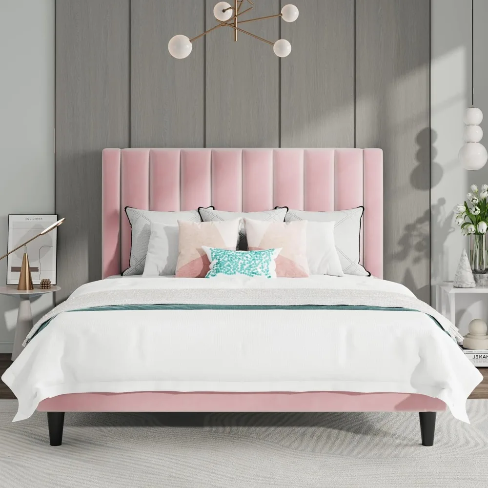 

Queen Bed Frame/Velvet Upholstered Platform Bed Frame with Headboard/Strong Wood Slats Support/Mattress Foundation