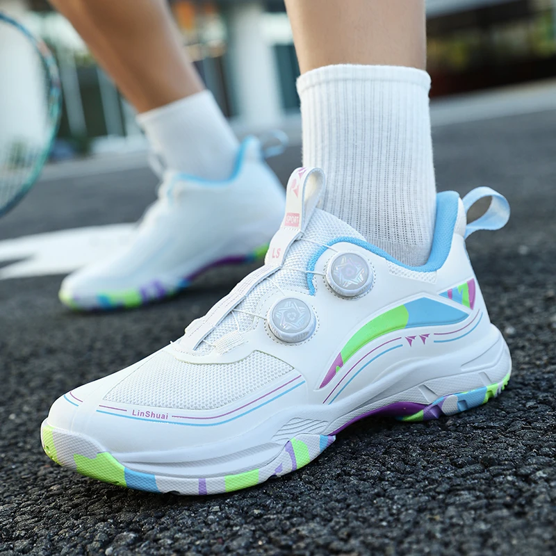 

New model badminton shoes - double rotating fasteners. Featuring mesh ventilation design. Also suitable for table tennis shoes