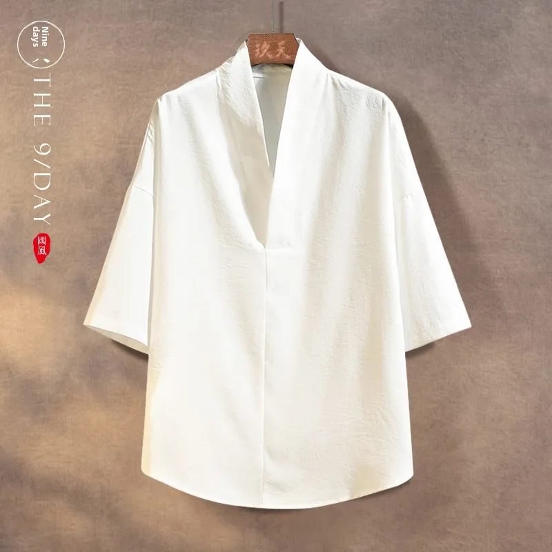 

New Summer Ice Silk Thin V-ne Seven-sve Men's T-irt Tang Costume Ancient Sle Tea Clothing Loose Fit All Seasons