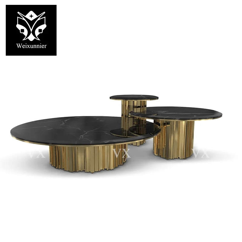 Luxury Marble Coffee Table Set Stainless Steel Base Modern Antique Design Customizable Color Size 3-Piece Living Room Furniture