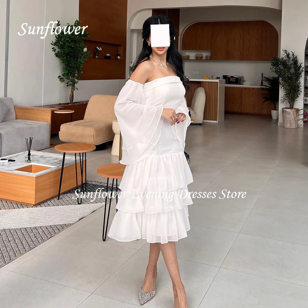 Sunflower Simple Strapless Chiffon A-LINE Prom Gowns 2024 High Quality Slim Tiered Long Sleeve Tea-Length Formal Evening Dress