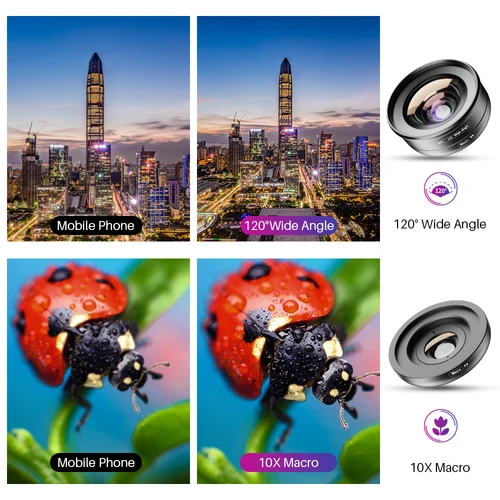 Imagen 2 del producto APEXEL 2 en 1 lente 4K 120 grados súper gran angular 10x lente para fotografía macro para iPhone Samsung xiaomi Realme todos los teléfonos móviles