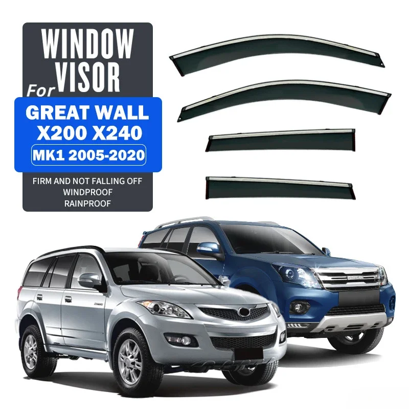 For Great Wall X200 X240 Car Accessories Window Visor Vent Shade Rain Sun Wind Guard Deflectors with Chrome Trims Shelters