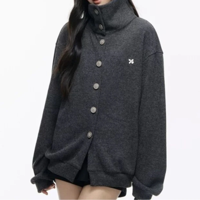 Autumn New Design Thick Pit Strip Knitted High Collar Button Cardigan Lazy Style Lapel Jacket Women's Top