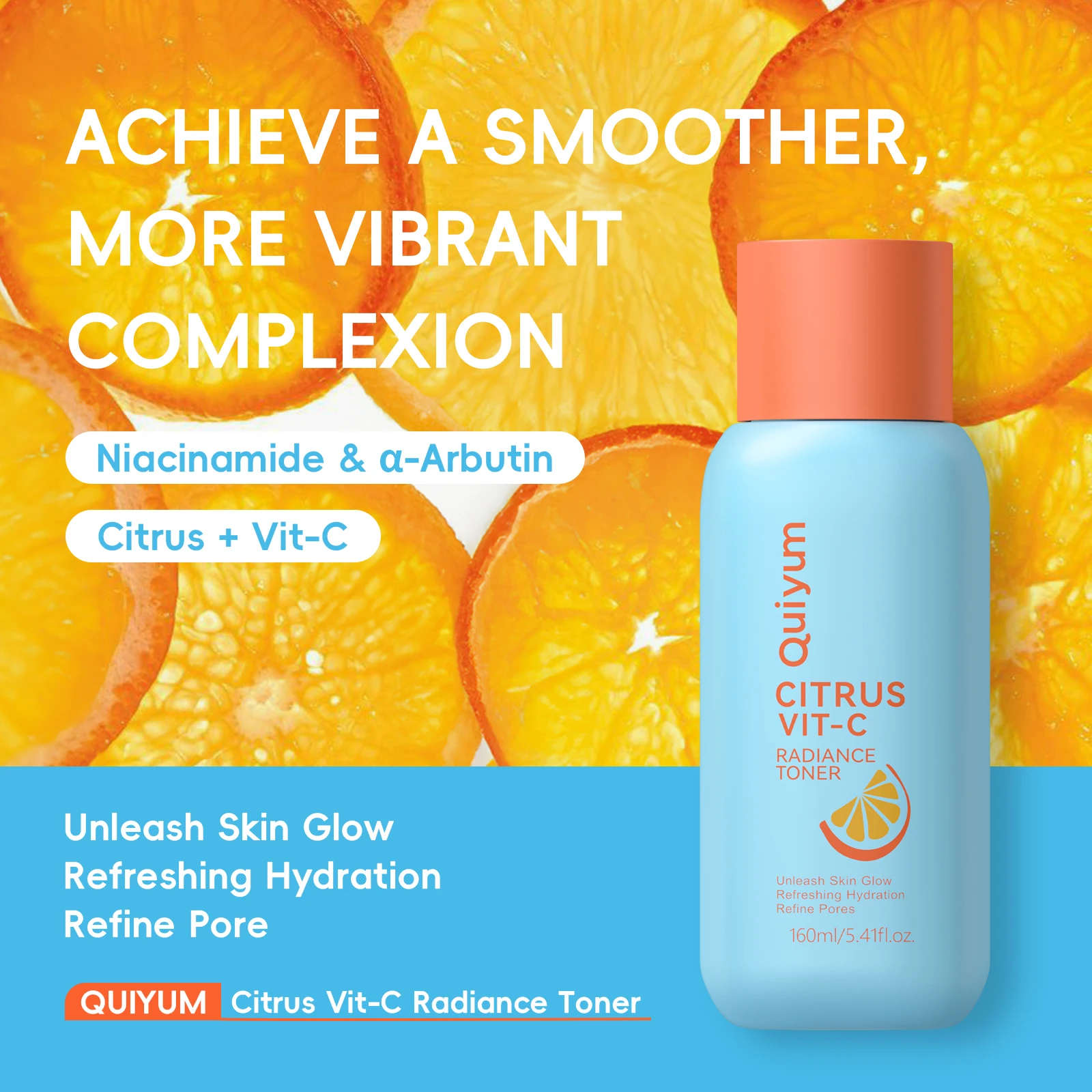 Tónico Facial Quiyum Citrus Vit-C Radiance 160ml, Loción Facial Refrescante e Hidratante, Refina los Poros, Aumenta la Luminosidad Natural de la Piel, Cuidado Diario de la Piel
