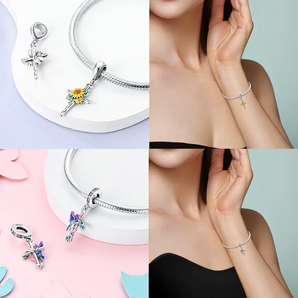 Color Angel Wings Cross Pink Love Cross Charm Bead Fit Original Bracelet DIY Making Exquisite 925 Silver Fashion Jewelry Gift