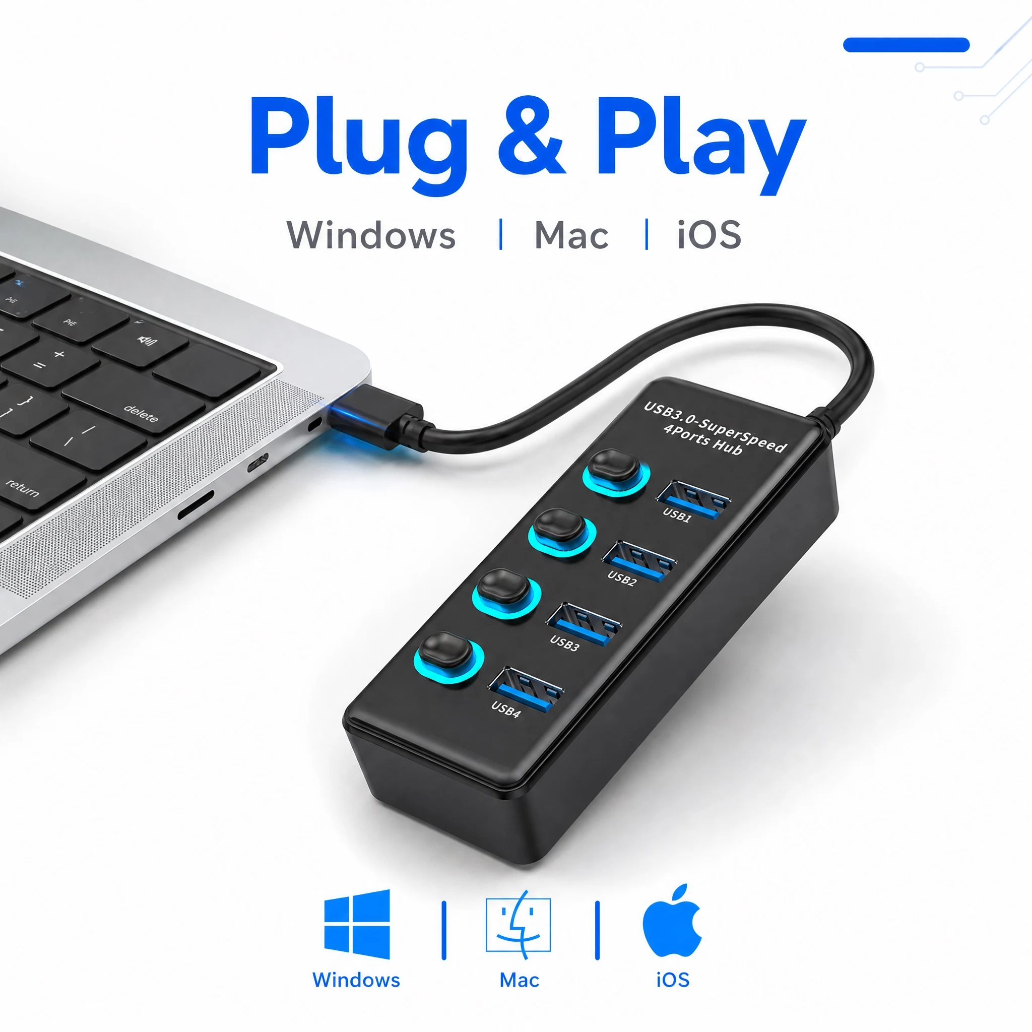 4 Ports USB 3.0 Hub With Individual On/Off Switches 5Gbps Super Speed USB Splitter Type‑C External Power Supply For Laptop PC view 6