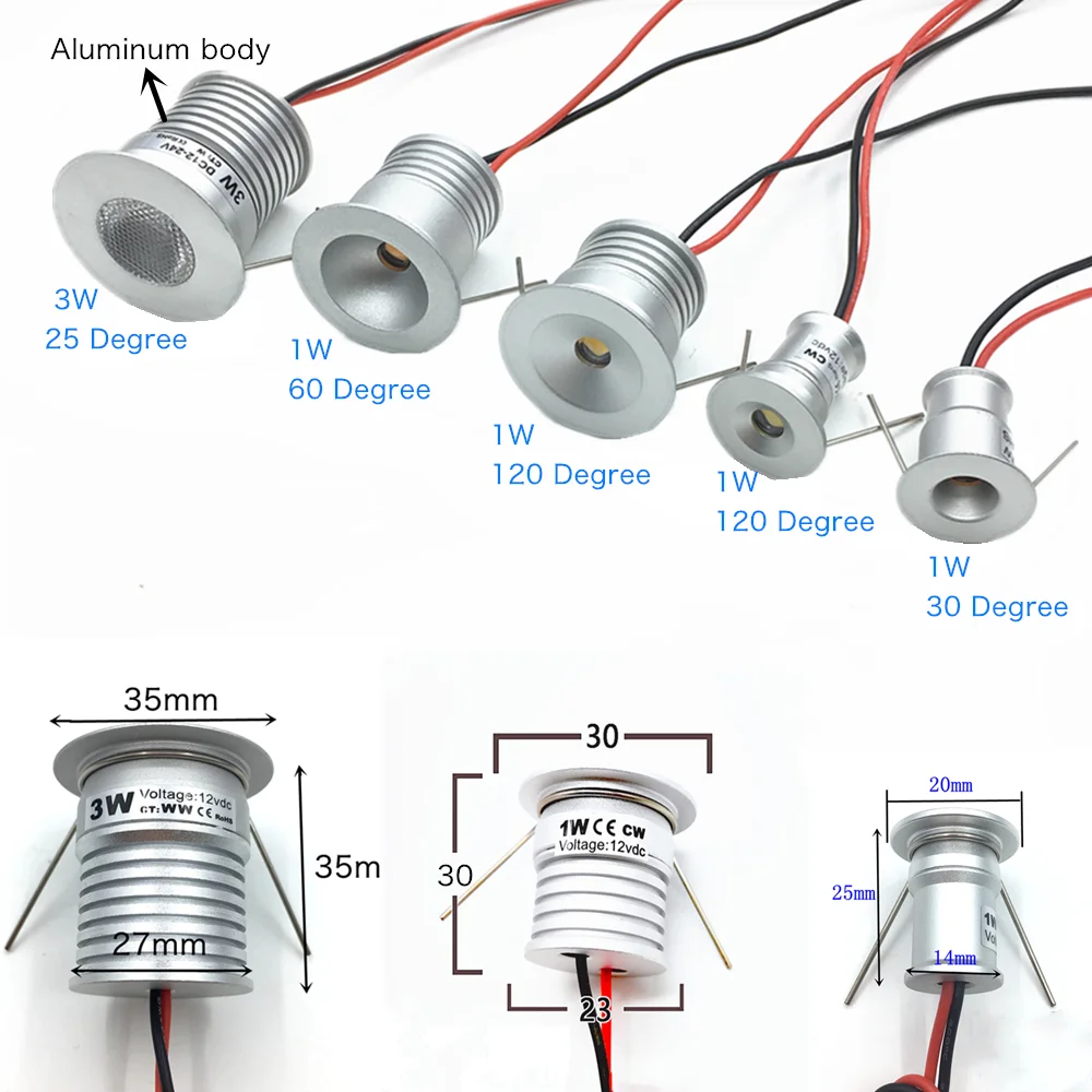 Indoor LED Mini Downlight 3W 1W Dimmable Recessed Down Light DC12V Aluminium Ceiling spot Lamp Under Bedroom Cabinet Spotlight