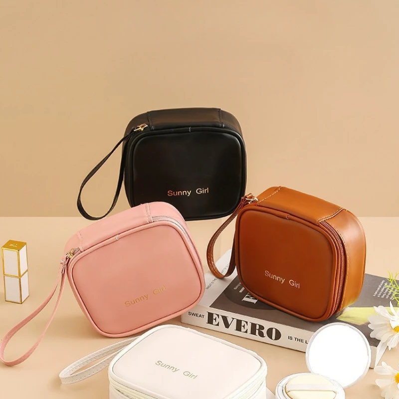 Simple Pu Leather Women's Small Storage Bags Portable Tote Ladies Cosmetic Bag Cute Square Girls Makeup Cases Handbags Purse