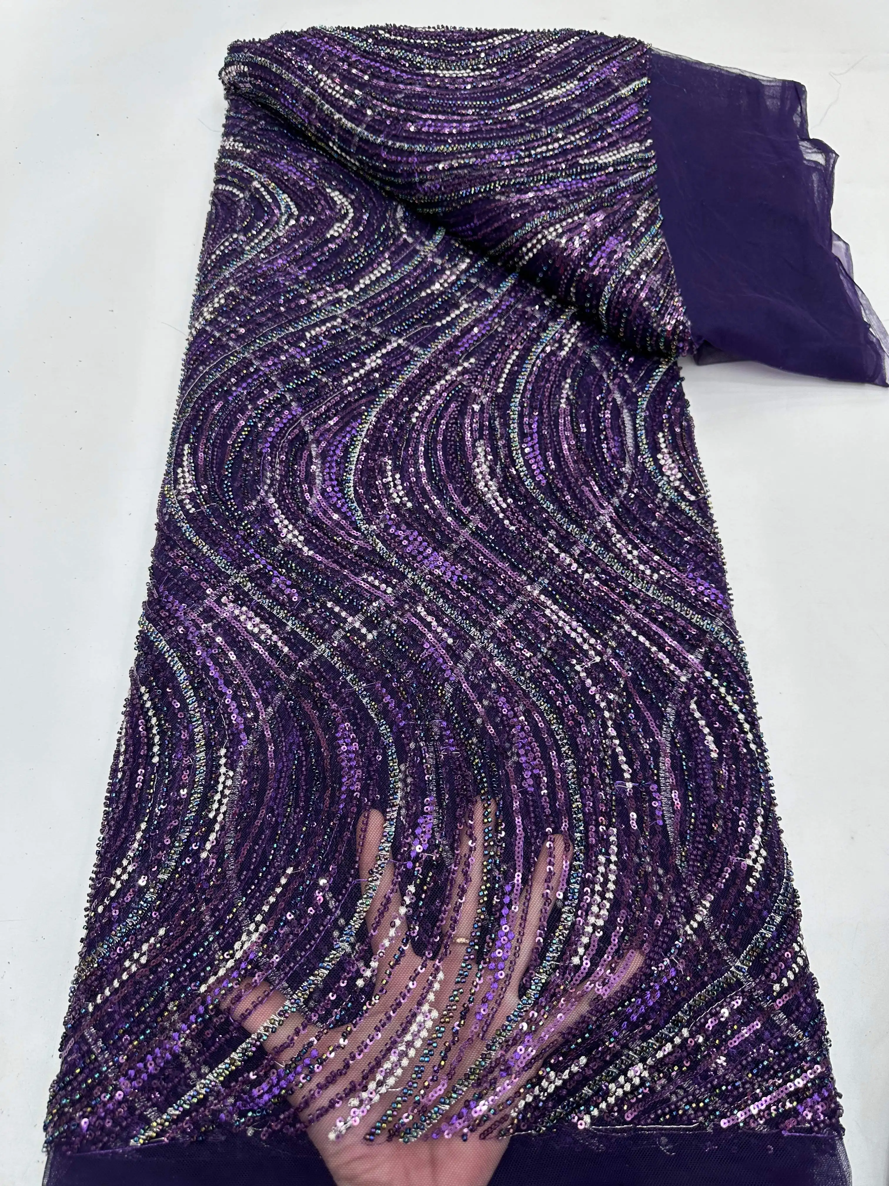 New Design African Heavy Beaded Sequins Chiffon Lace Fabric Green Nigerian Tulle Lace Fabric Women's Evening Gown Sewing 2023