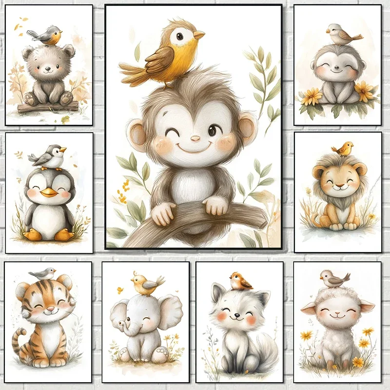 Boho Style Cartoon Animal Illustrations Posters Prints Canvas Painting Wall Art Picture Living Room Home Baby Room Nursery De