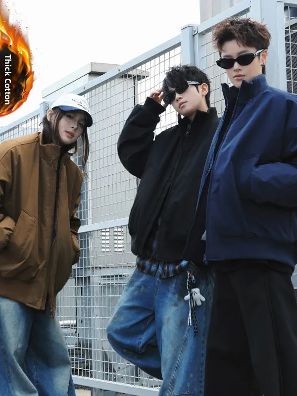 

Американская утепленная куртка-бомбер с воротником-стойкой из хлопка, повседневная, универсальная, теплая, для пар, верхняя одежда