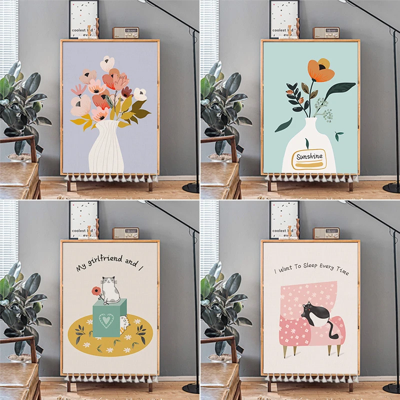 VIKAMA Cat Vase Flower Cabinet Cover Curtain Illustration Print Hook-and-Loop No-Drill Cupboard Shelf Bedroom Room Decor