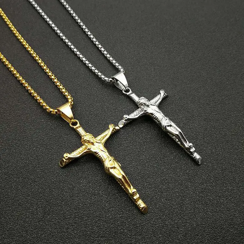 316L Stainless Steel Link Chain INRI Jesus Cross Crucifix Pendant&Necklaces Men Fashion Jewelry Gold Silver Color Father Gift