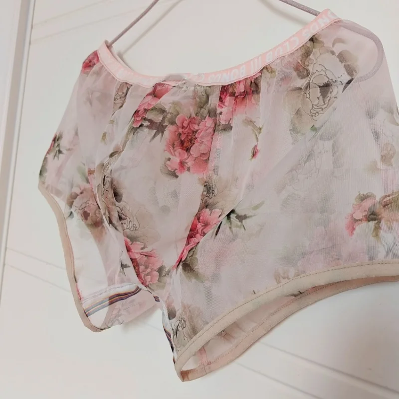 

Мужское нижнее белье с цветочным принтом в стиле ретро, шифоновое однослойное мягкое шелковистое сексуальное нижнее белье с низкой талией и плоским ртом, DJ Club Bar BF, частная вечеринка