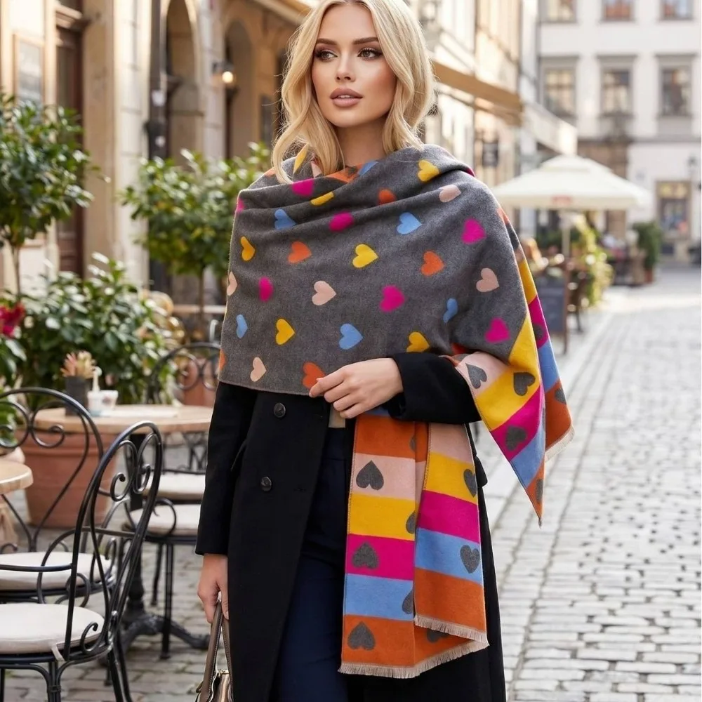 Thick Heart Pattern Scarf Warm Soft Winter Warm Shawl Double Sided Skin Friendly Faux Cashmere Wrap College Girls