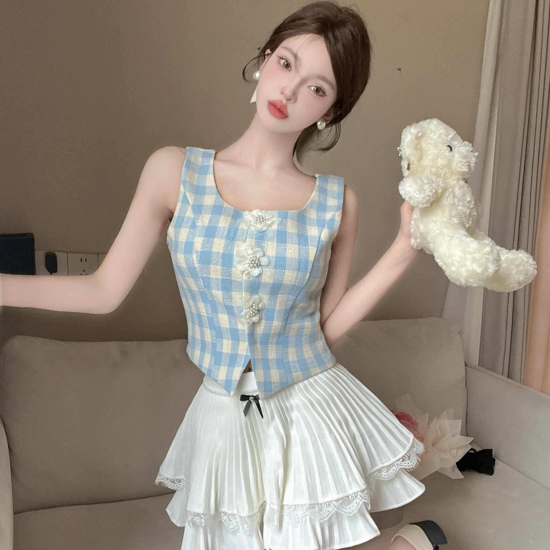 

Новый летний синий клетчатый жилет и юбка с цветочным принтом, комплект из двух предметов высокого качества Ele Lady, модный круглый дизайн Ne