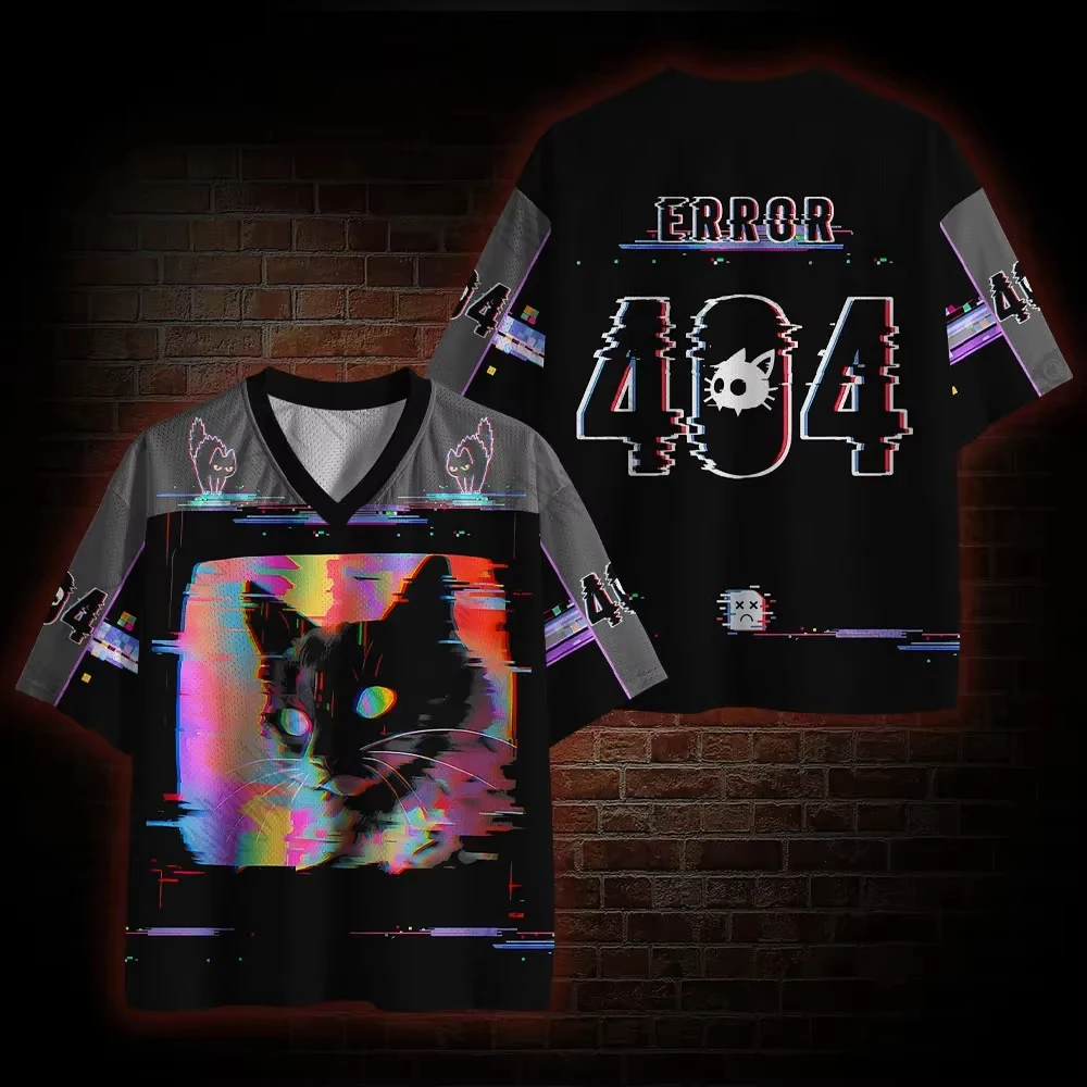 Summer New Item #Technology Cat Error 404# Mesh Quick Drying Large V-neck Outdoor Sports Men's and Women's Short Sleeved T-shirt