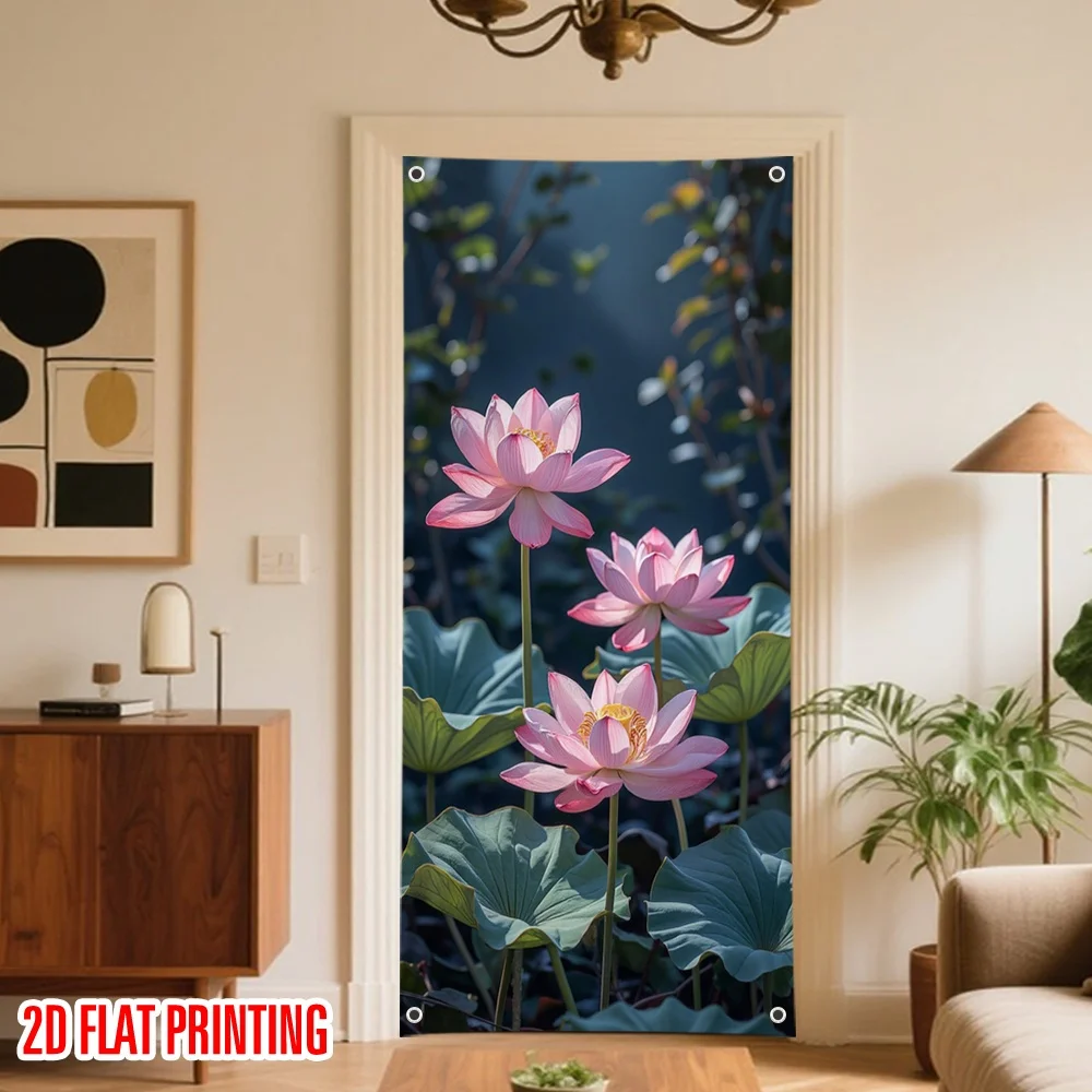 Elegant Lotus Flower Door Curtain Screen Polyester Tropical Floral Art Panel for Home Decor Living Room Bathroom Indoor Room Div
