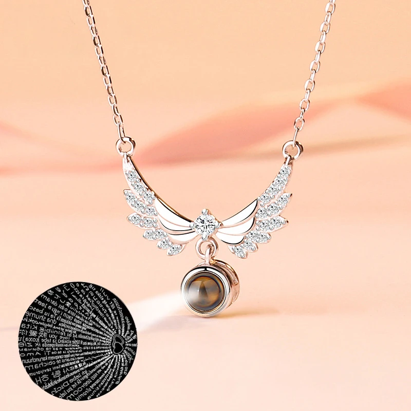 Angel Wings Necklace With Rose Gift Box 100 Languages I Love You Projection Pendant Jewelry 2023 Romantic Accessories Wholesale