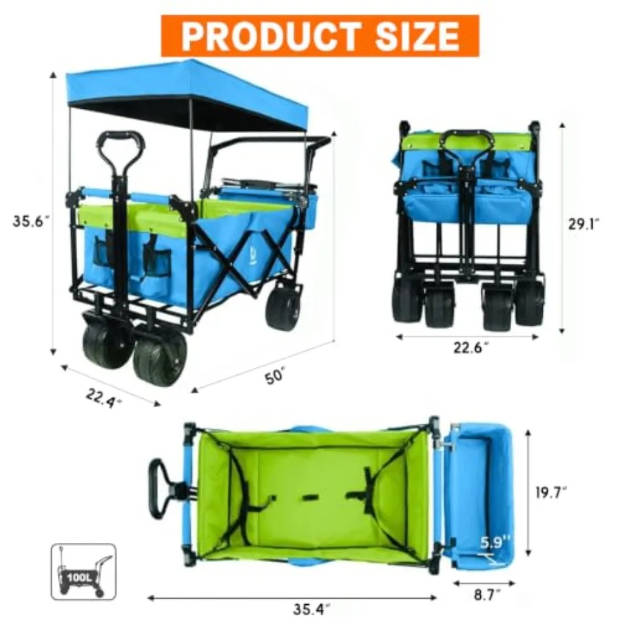 Foldable Wagon for Camping, Beach, Garden Heavy Duty Steel, Black Removable Canopy Insulated Cooler Bag, 4 All-Terrain Wheels