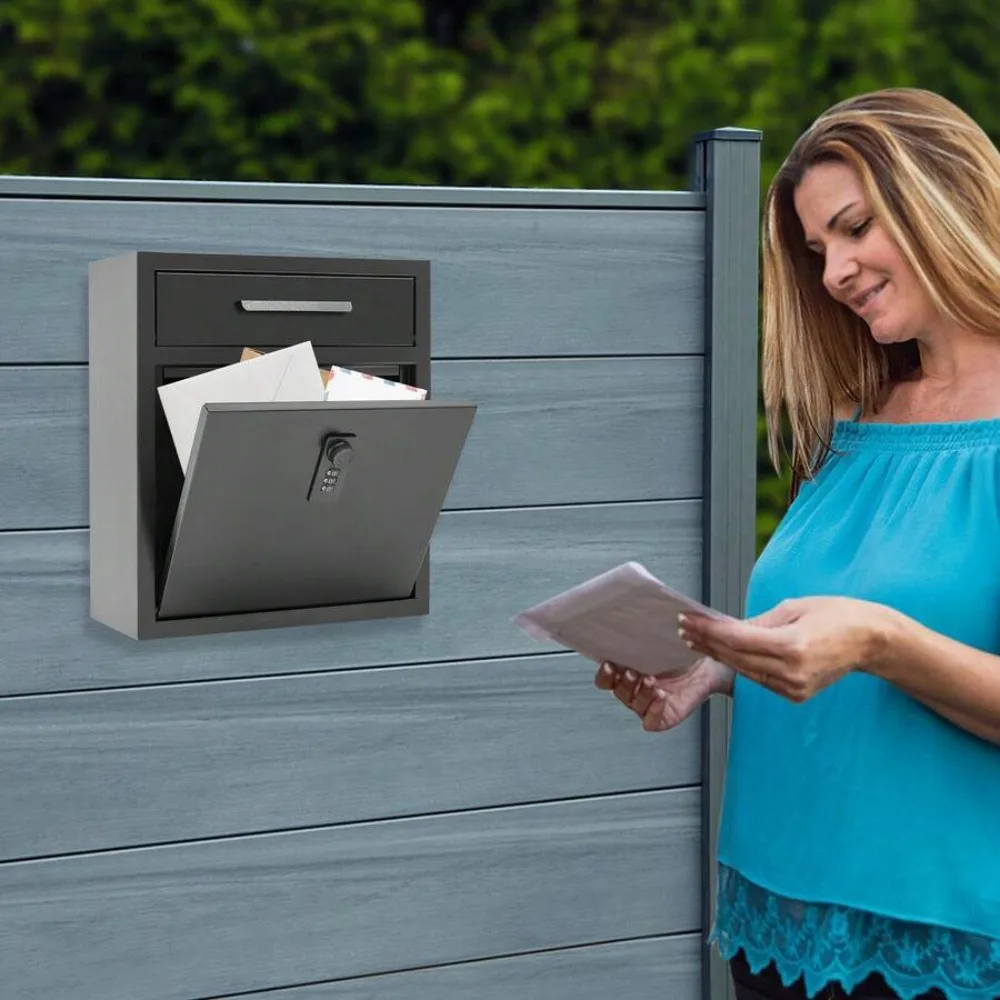 Wall Mounted Mailbox With Combination Lock, Large Capacity, Secure Metal Mail Box, Black, Weatherproof, Keyless Entry, Holds Packages, Home Office Wall Door Delivery Box, 16.5 x 10.5 x 5 Inches, Outdoor Storage Unit, Anti-Rust Steel Construction
