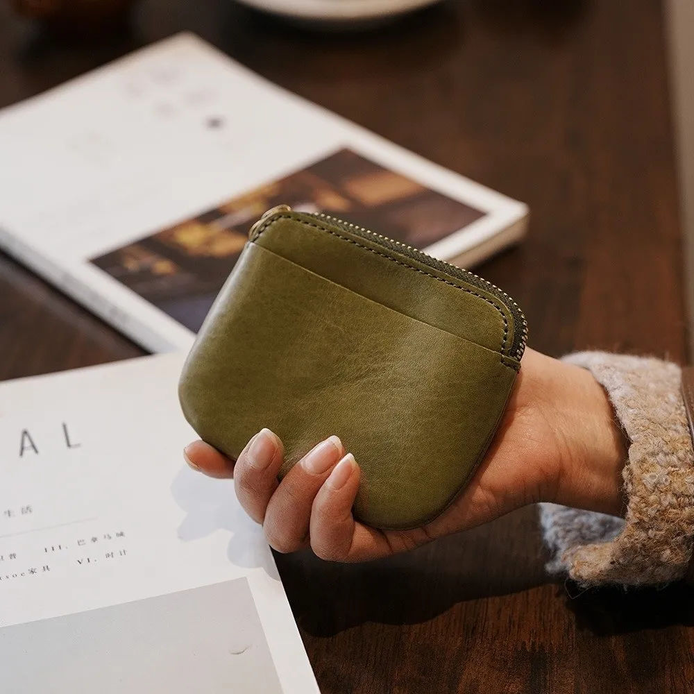 Portable Multifunctional Leather Coins Purse Vintage Zipper Closure Mini Card Wallet Solid Color Small Storage Bag Travel