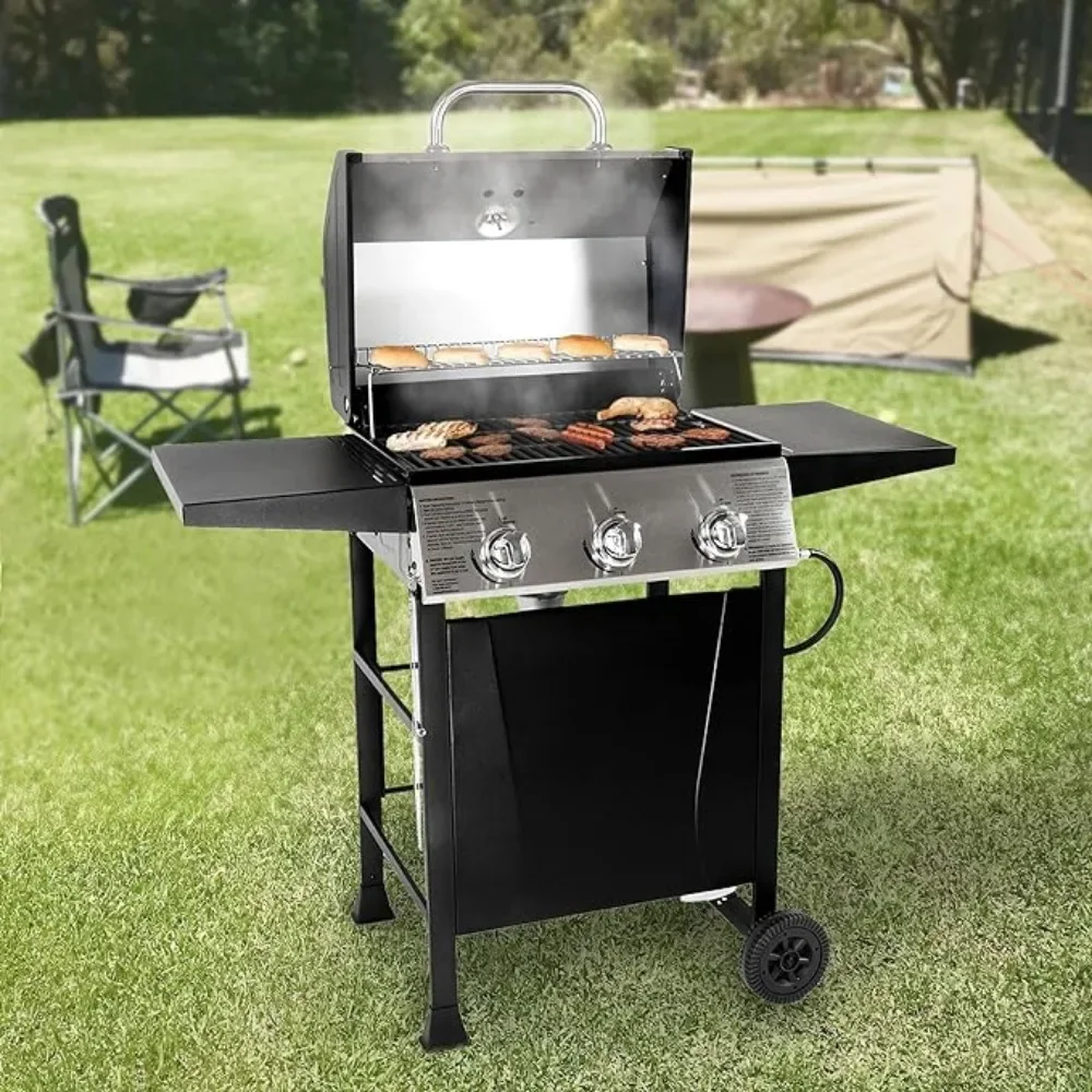 

Premium 3 Burner Propane Barbecue Gas Grill, Side Table Open Cart with Wheels, Outdoor Cooking,BBQ Grills