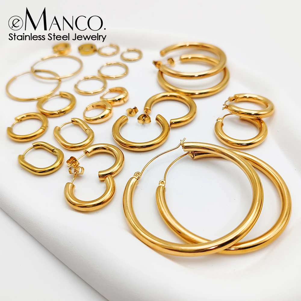 e-Manco Women Trendy Gold Color Small Large Circle Hoop Earrings  Jewelry Accessories Classic Stainless Steel Ear Buckle for