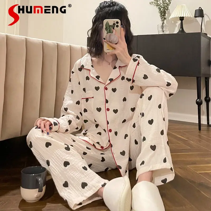 

Женские пижамы в японском стиле с сердечками из чистого хлопка и марли, осенний милый комплект для отдыха, женские милые весенне-осенние домашние костюмы