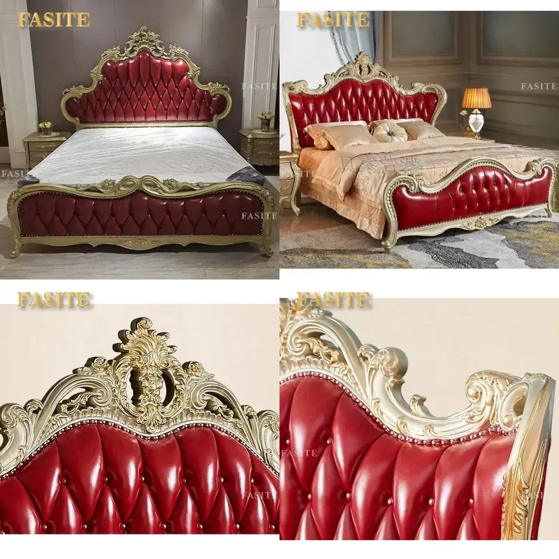 For European Luxury Classic Style Bedroom Furniture Set Antique Carved Solid Wood Red Genuine Leather Bed