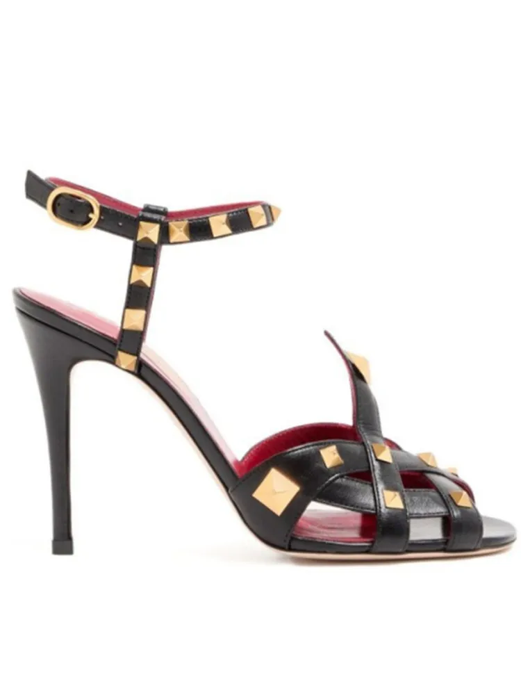 Summer Round Headed Rivet Fish Mouth Slim High-heeled Women's Sandals, Fashionable Women's Party Women's Plus Size Sandals
