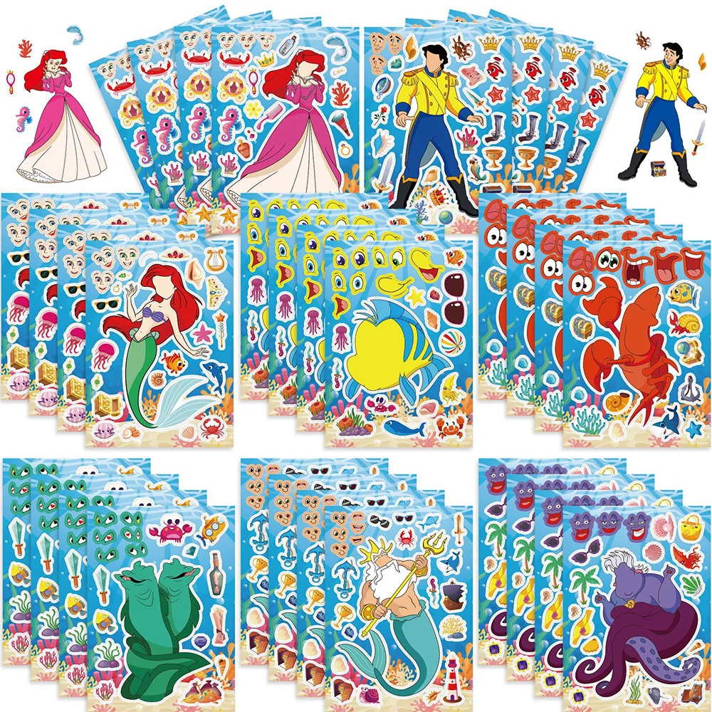 8/16sheets DIY Little Mermaid Ariel Puzzle Stickers Disney Princess Cartoon Decal Luggage Notebook Toys Sticker for Kids Girls