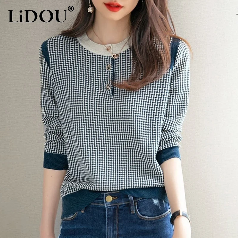Autumn Winter New Vintage Houndstooth Print Simple Sweater Lady Elegant Fashion Korean Style Pullover All-match Casual Top Women