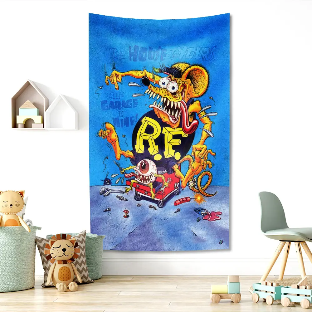 Rat Fink Fashion Tapestry Funny Meme Print Cloth Bar Motocycle Club Or Home Garage Bedroom Wall Decorations