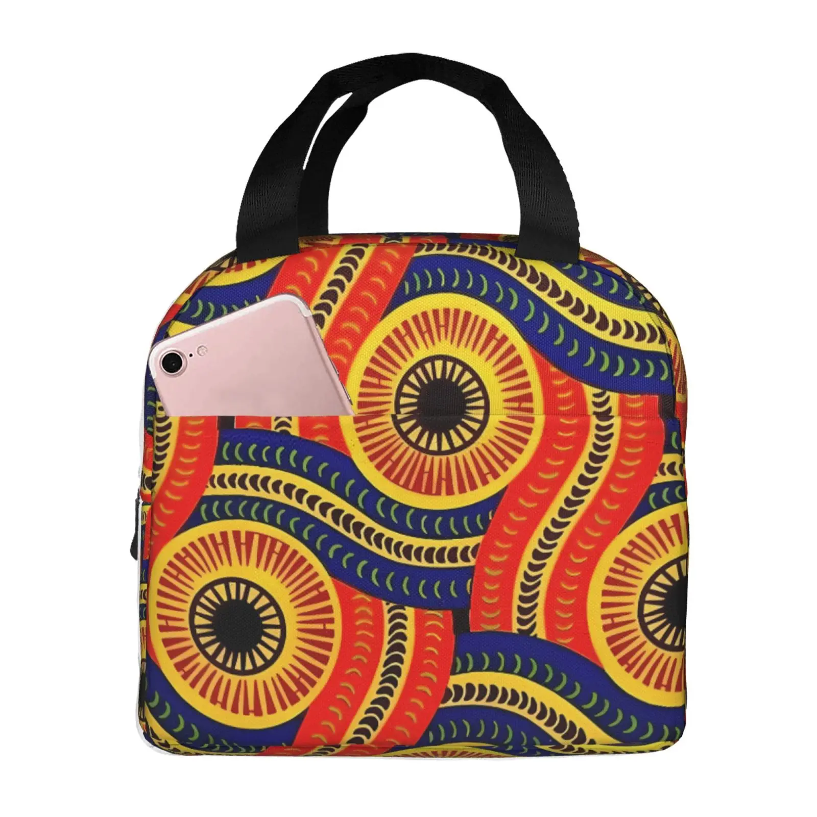 African Ethnic Geometric Colorful Pattern Lunch Tote Bag Insulated Leakproof Lunch Box Container with Front Pocket for Girls Boy