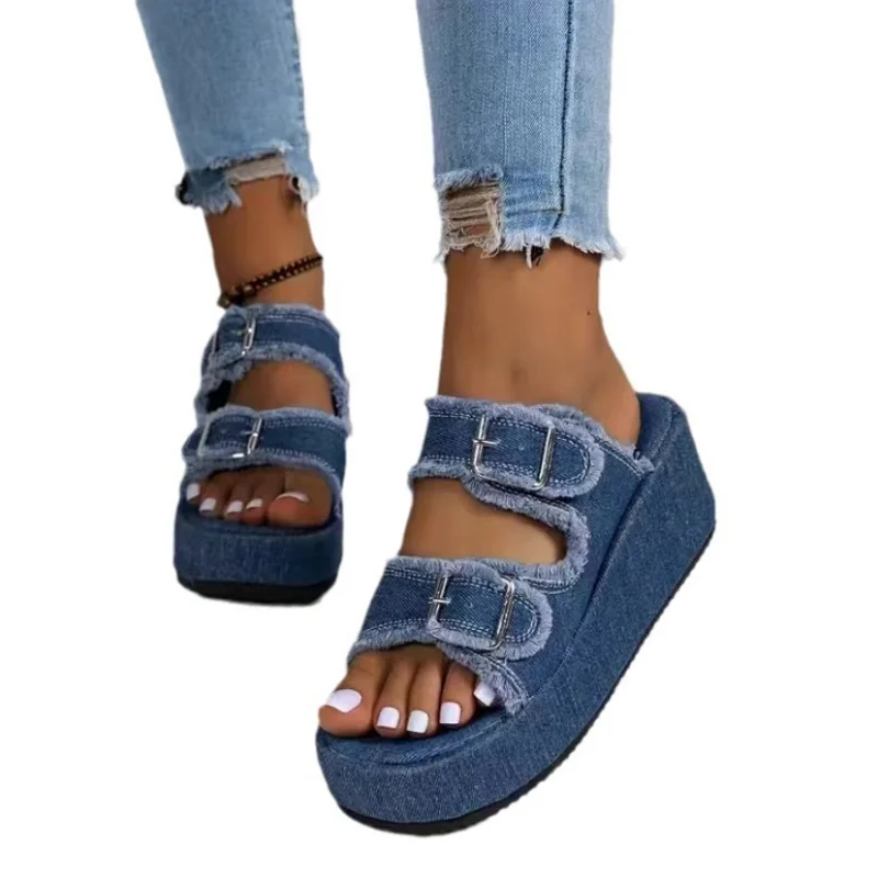 Women Denim Belt Buckle Wedge Heels Slippers Summer New Non Slip Thick Sole Beach Slippers Woman Fashion Buckle Platform Sandles