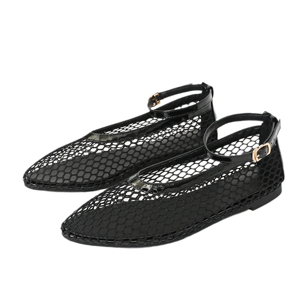 Zapatos Planos de Mujer con Diseño de Malla Transpirable, Correa en T y Hebilla, Estilo Ballet, Antideslizantes, Suela Suave y Cómodos