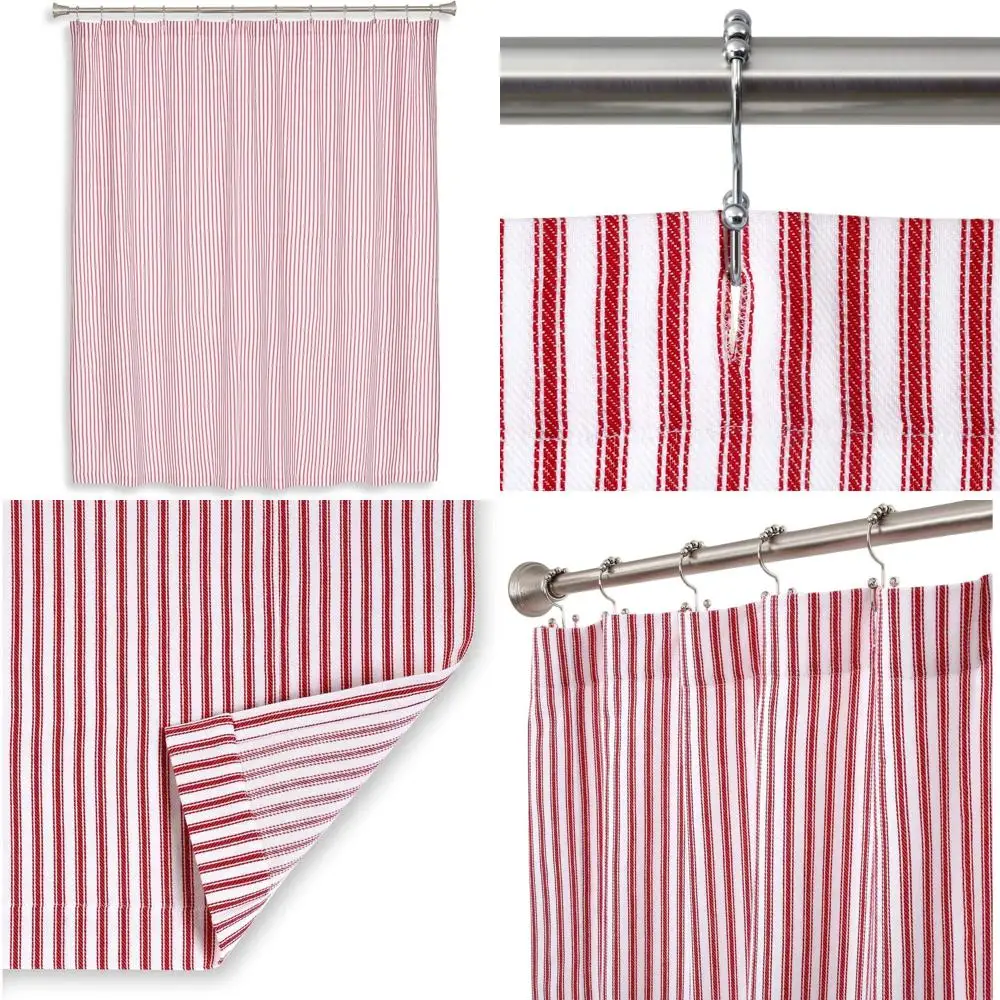 

Удлиненная хлопковая занавеска для душа в красно-белую полоску 72x84