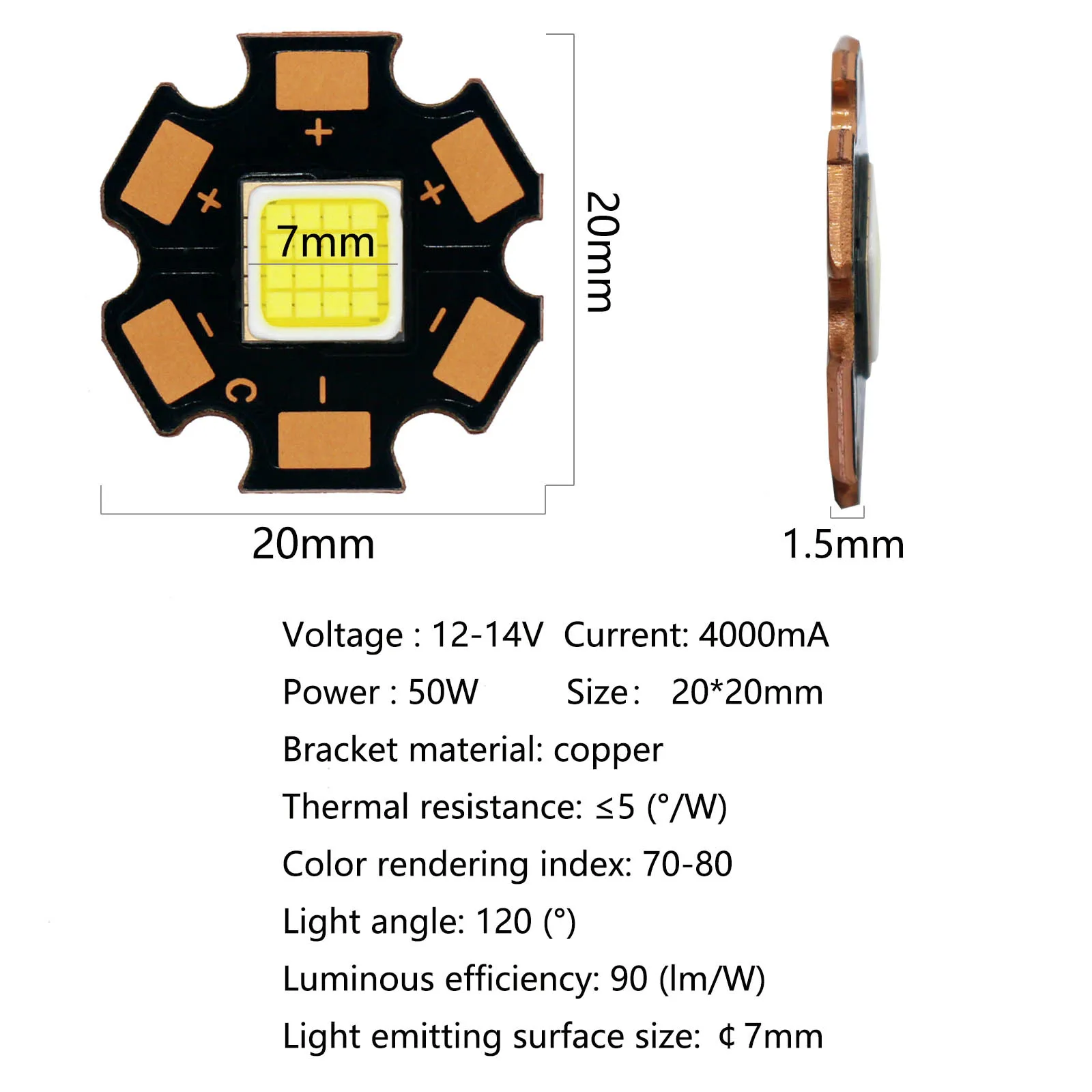 Imagem -04 - Luz Led de Alta Potência para Lanterna Contas de Cobre Faça Você Mesmo Super Brilhante dc 12v14v 6500k 4a Pcb 20 mm 50w