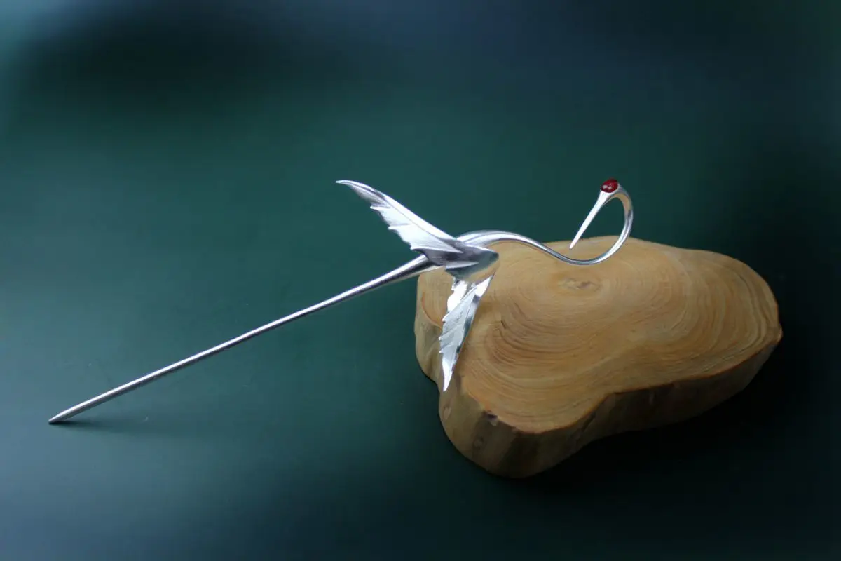 Srebrna długa spinka do włosów w stylu żurawia Chińska starożytna spinka do włosów Hanfu do koka Kungfu Szermierz Wojownik Taoistyczny Kapłan Akcesoria do włosów