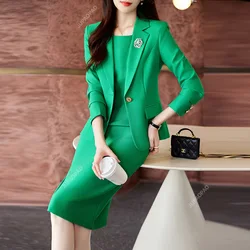 High Quality Autumn Winter Office Ladies Skirt Suit Blazer Black Purple Green Women Business Work Wear Formal Two Piece Set