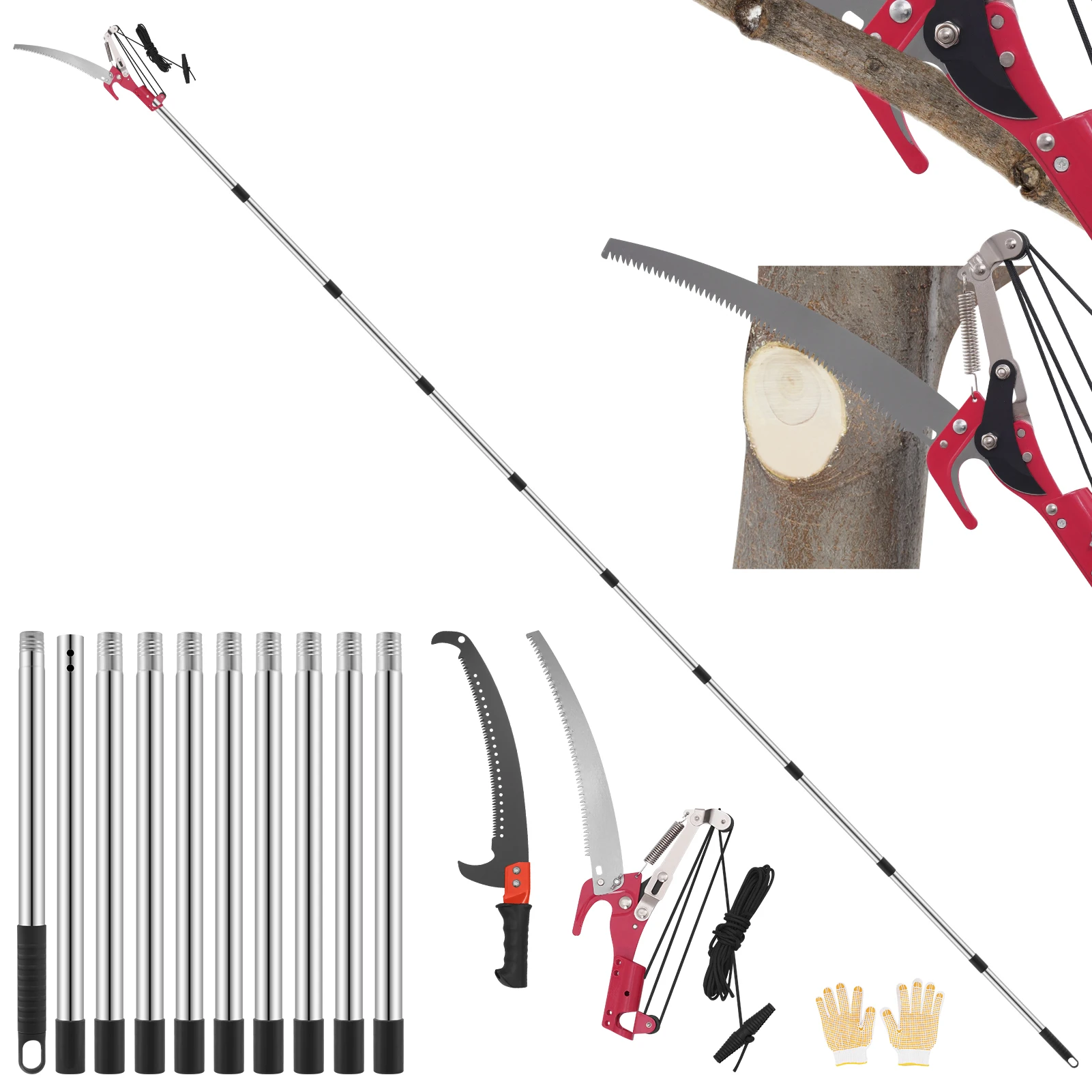 Scie à perche manuelle à 10 sections, sécateur d'arbres extensible, scie d'élagage à haute altitude pour la coupe des Branches, longueur réglable, scie haute