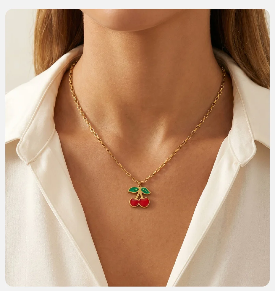 Vnox Trendiges Vergoldetes Kirsch-Anhänger Halskette und Ohrringe Schmuckset für Frauen Edelstahl Niedliche Frucht-Sets Schmuckgeschenke – Detail 2