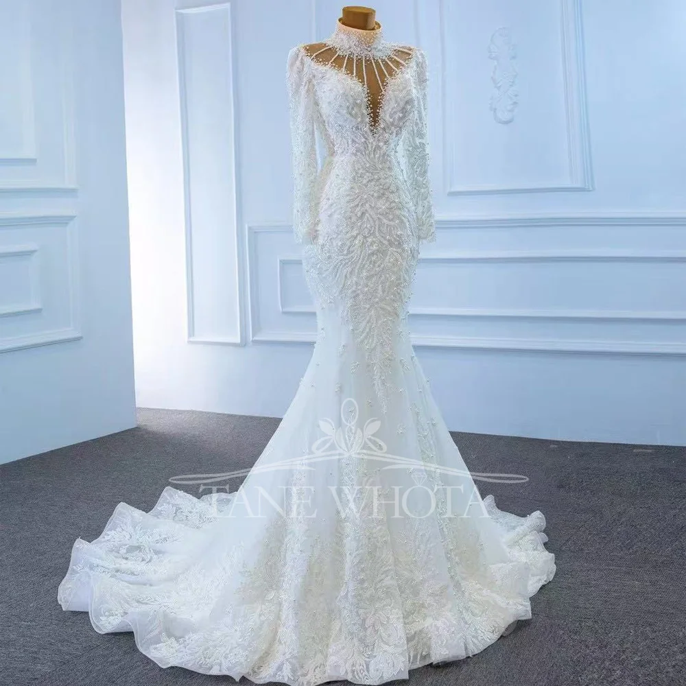 2025 Abito da sposa di lusso a maniche lunghe alte con lacci sul retro Abito da sposa ricamato con perline Abito da sposa personalizzato con strascico a sirena