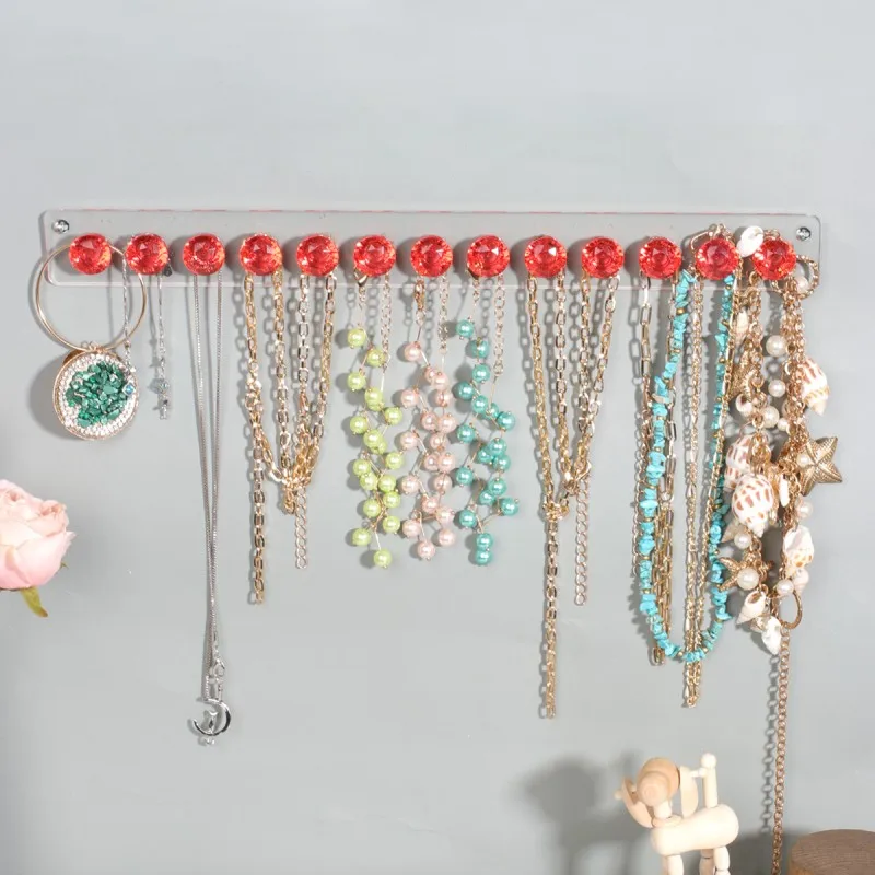 1PC Wall Organizer With Round Ball Hooks Hanging Jewelry Rack Wooden Acrylic Jewelry Display For Holding Necklace Bracelets