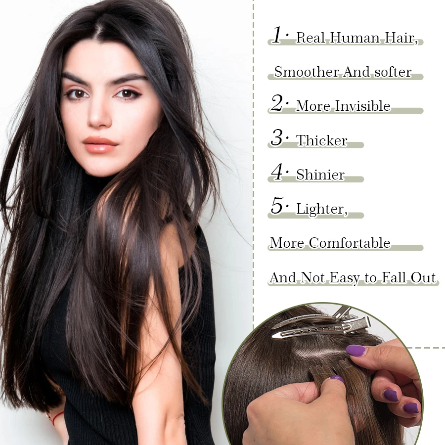 K.S WIGS 인모 모발 연장 테이프, 자연스러운 레미 심리스 PU 스킨 씨실, 팩 당 20 개, 40g, 16 인치, #1