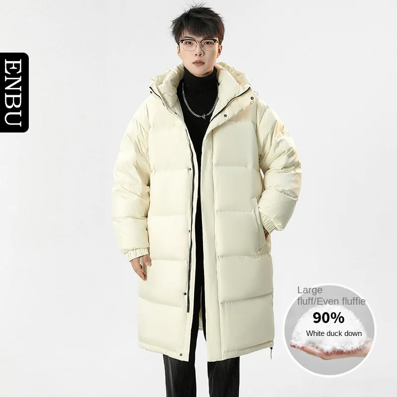 90% White Duck Down Jacket, Winter Thickened Loose Lapel Mid-Length Knee-Length Korean Style Hooded Trendy Couple Outwear