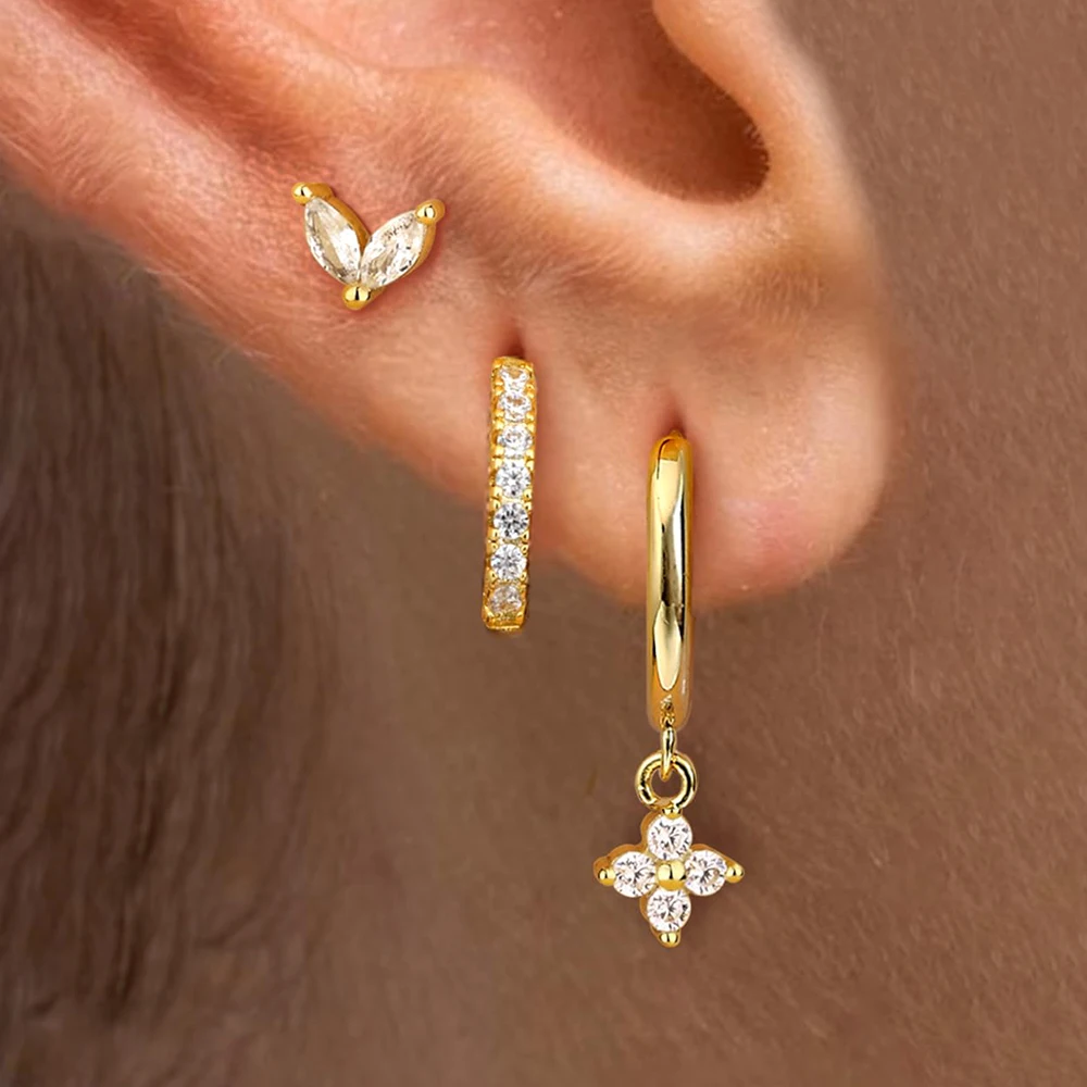 3PCS Korean 14K Gold Plated Fashion butterfly Flower Zirconia Round Hoop Earrings Set For Women Cartilage Piercing Jewelry