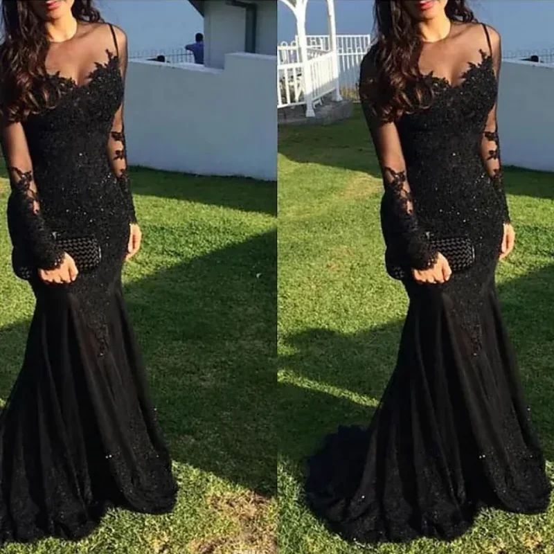 Charming Black Mermaid Sequin Lace Evening Dress Round Neck Long Sleeve with Appliques Satin Porm Dress vestidos de noche